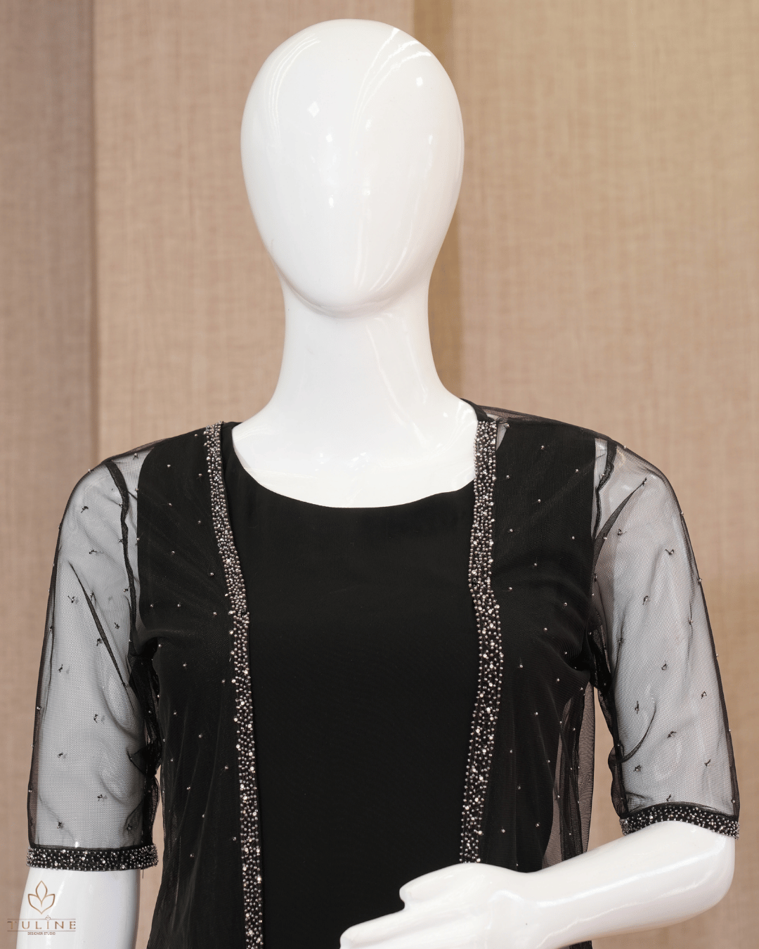 Elegant Black A-Line Gown with Hand-Worked Shrug - Product Code 10341