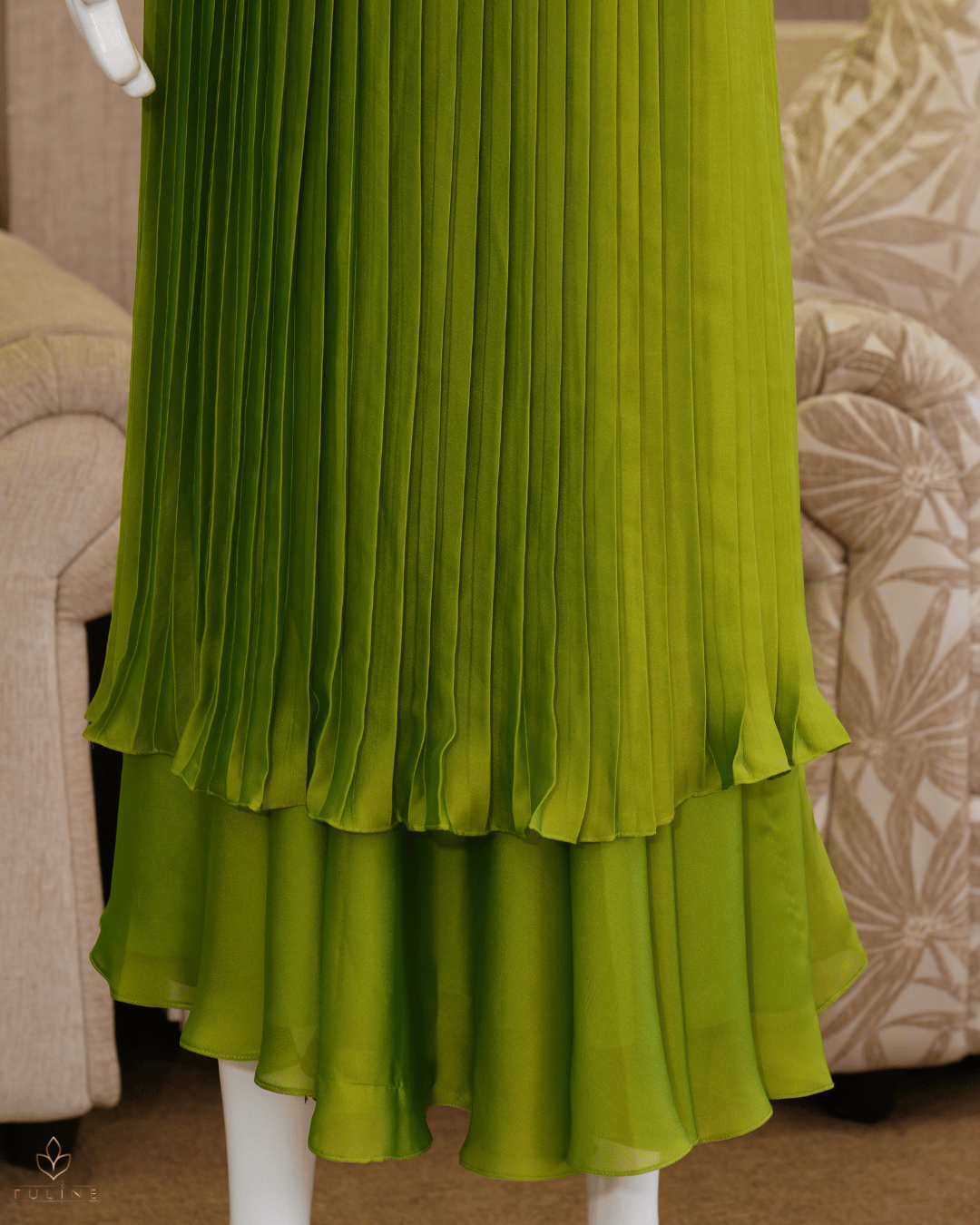 Mustard Green Glazing Chiffon Gown with Pleated Yoke & Layered Stair Design - Product Code 10303