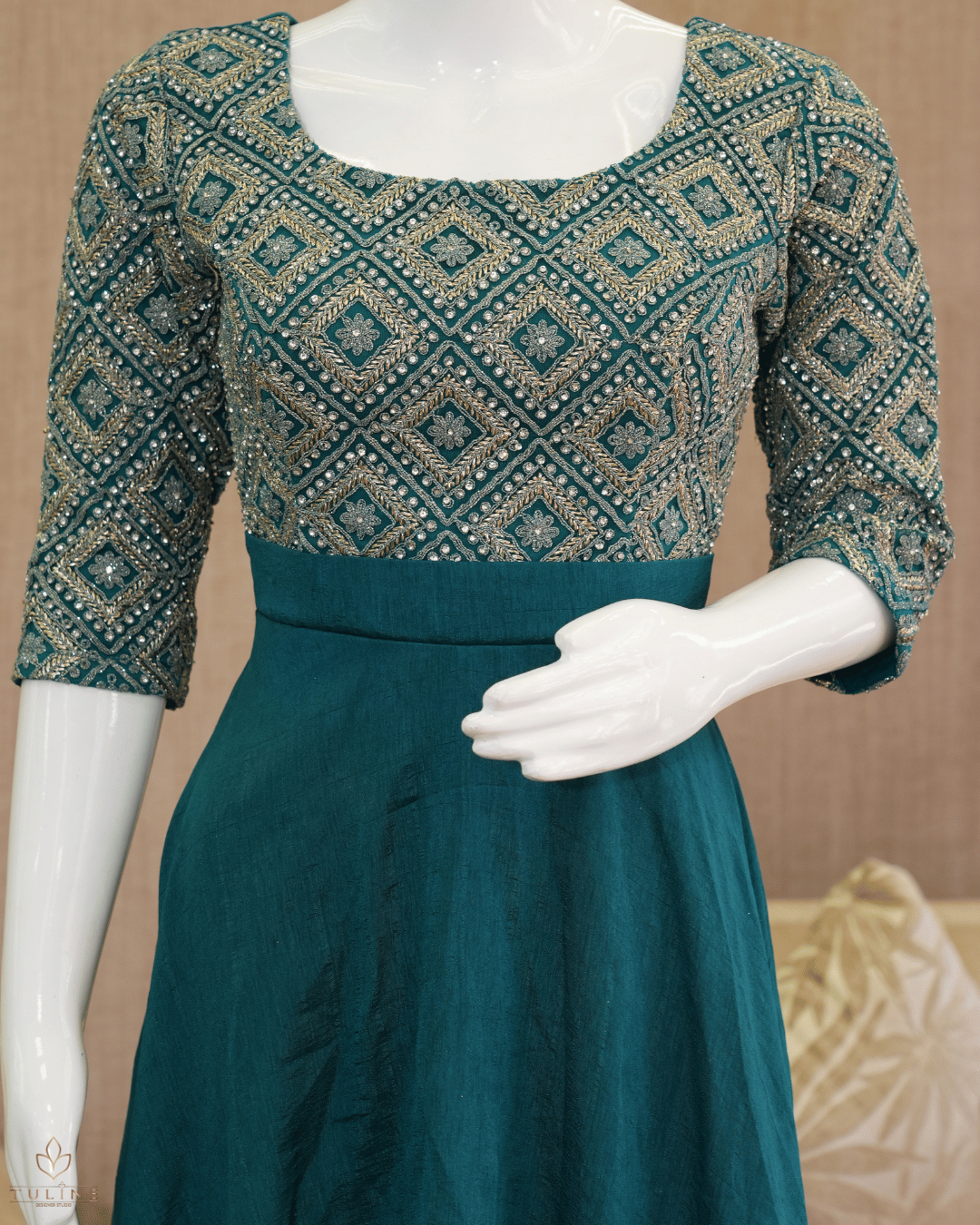 Teal Blue Umbrella Gown with Worked Yoke & Sleeves - Product Code 10304