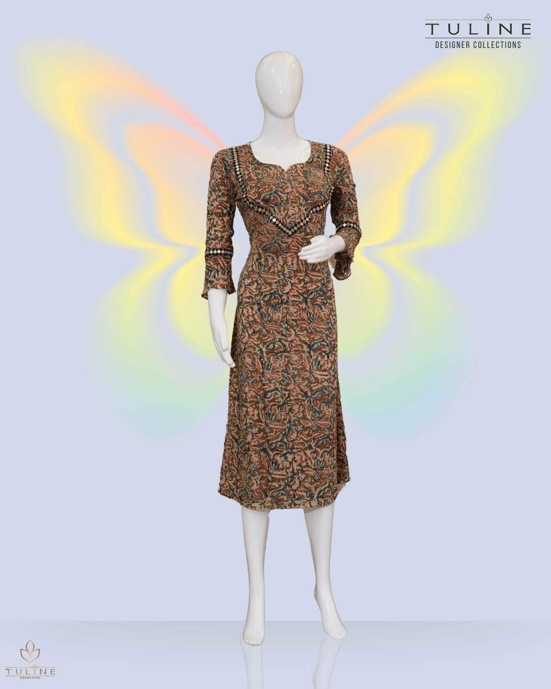 Kalamkari Cotton A-Line Top with Mirror Work in Yoke and Sleeve - Product Code 10346