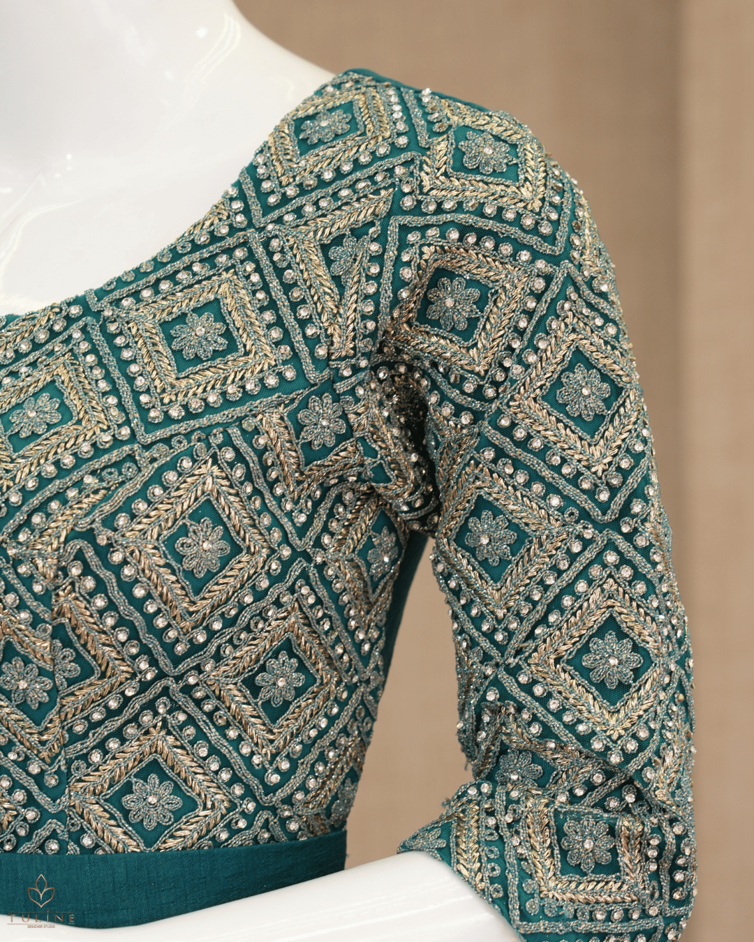 Teal Blue Umbrella Gown with Worked Yoke & Sleeves - Product Code 10304