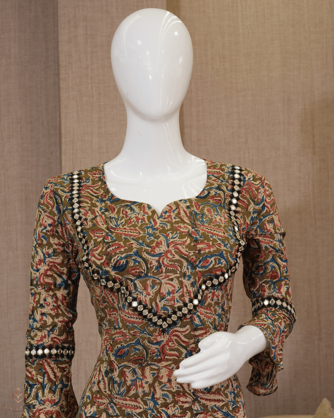 Kalamkari Cotton A-Line Top with Mirror Work in Yoke and Sleeve - Product Code 10346