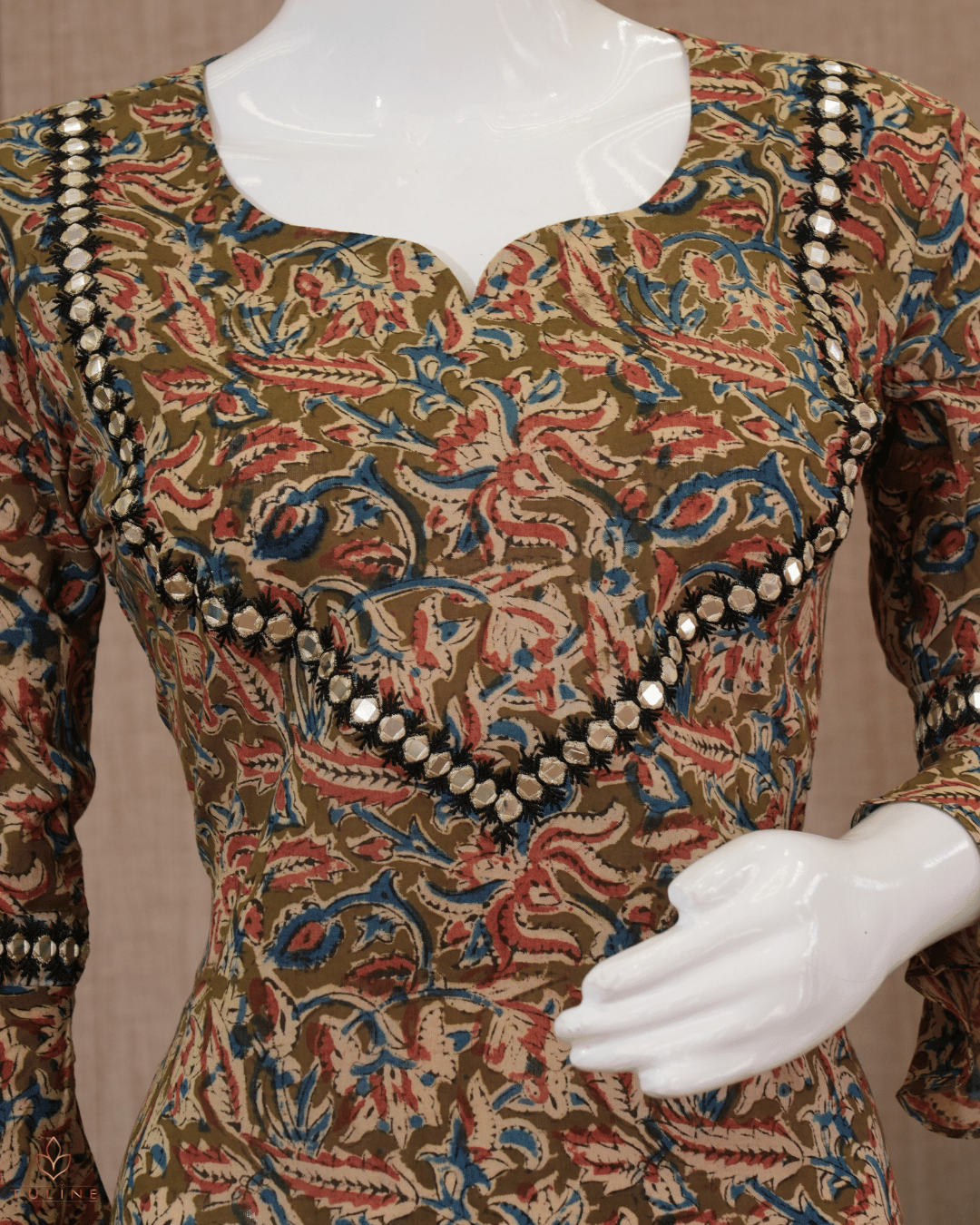 Kalamkari Cotton A-Line Top with Mirror Work in Yoke and Sleeve - Product Code 10346