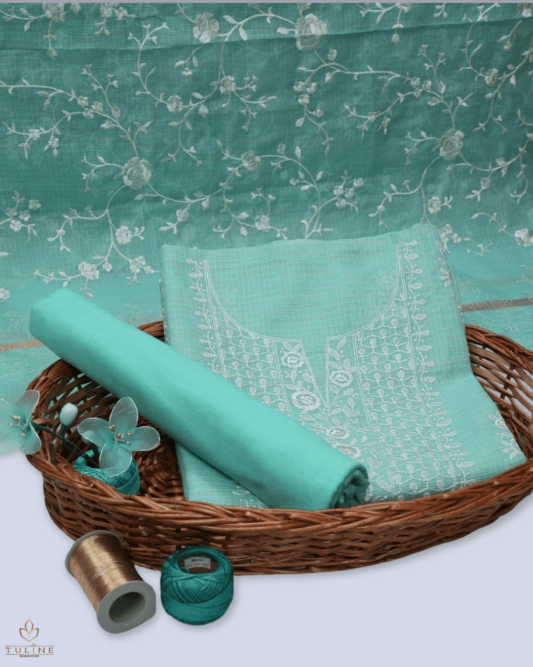 Net Cotton Churidar Material - Soft Cyan - Product Code 10022