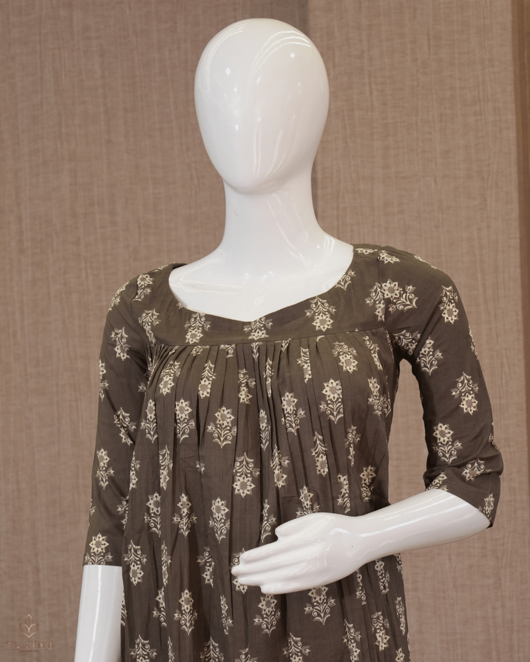 Pleated Cotton Top with Floral Prints in Medium Brown - Product Code 10347