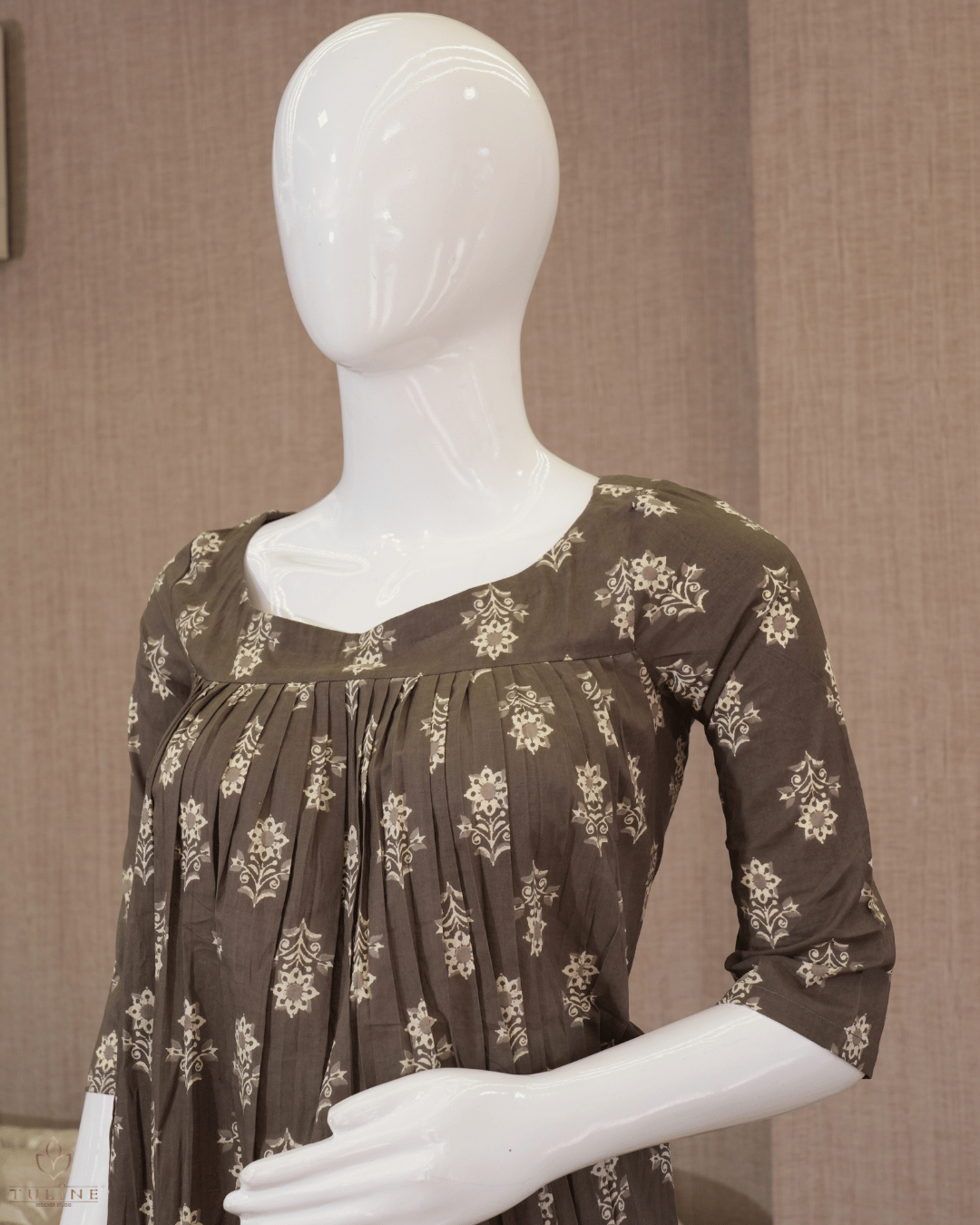 Pleated Cotton Top with Floral Prints in Medium Brown - Product Code 10347