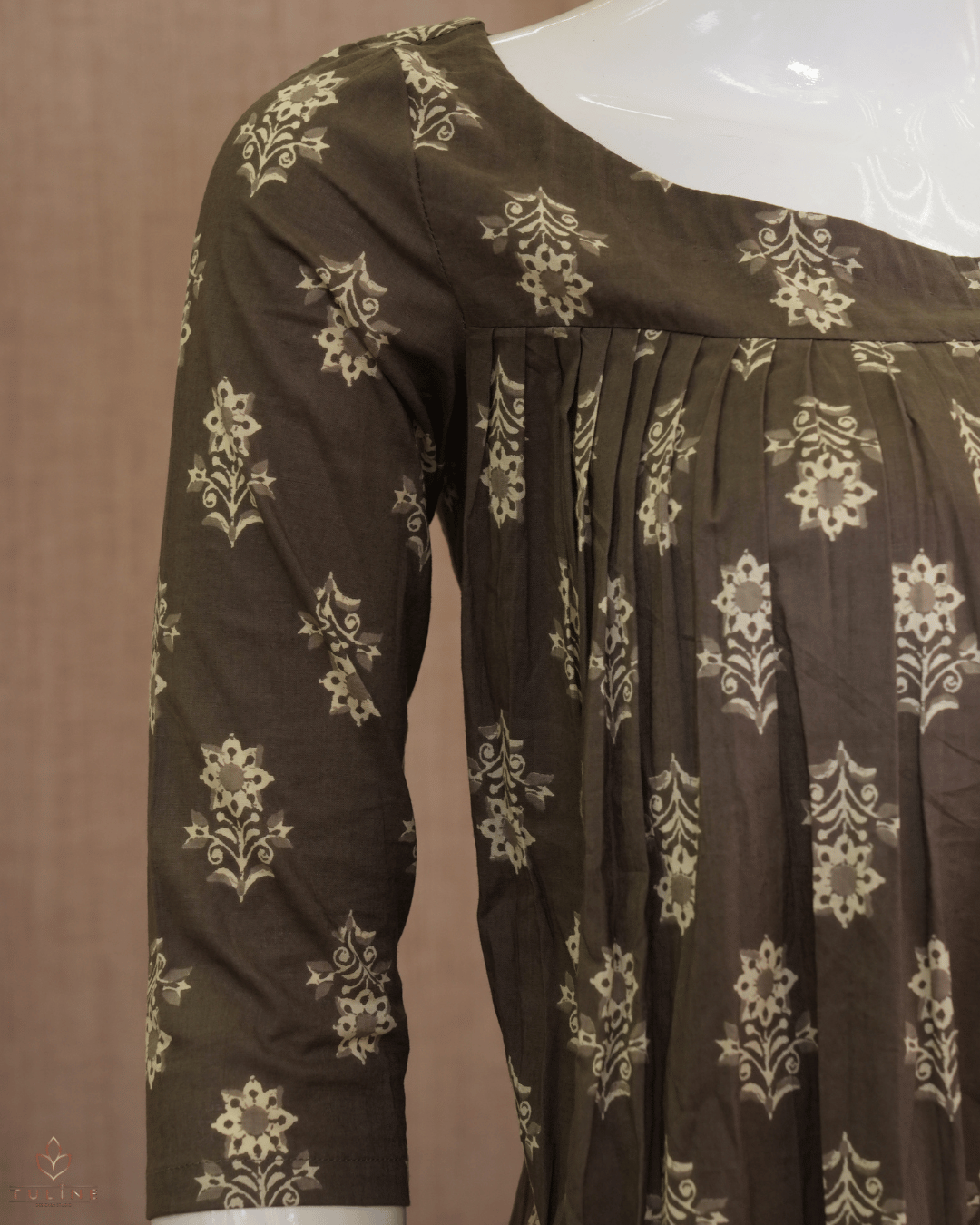 Pleated Cotton Top with Floral Prints in Medium Brown - Product Code 10347
