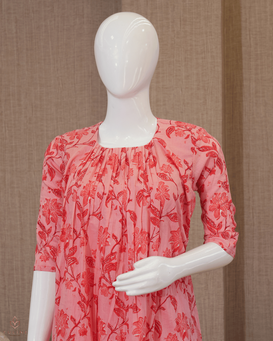 Pleated Cotton Top with Floral Print in Pinkish Rose Hue - Product Code 10348
