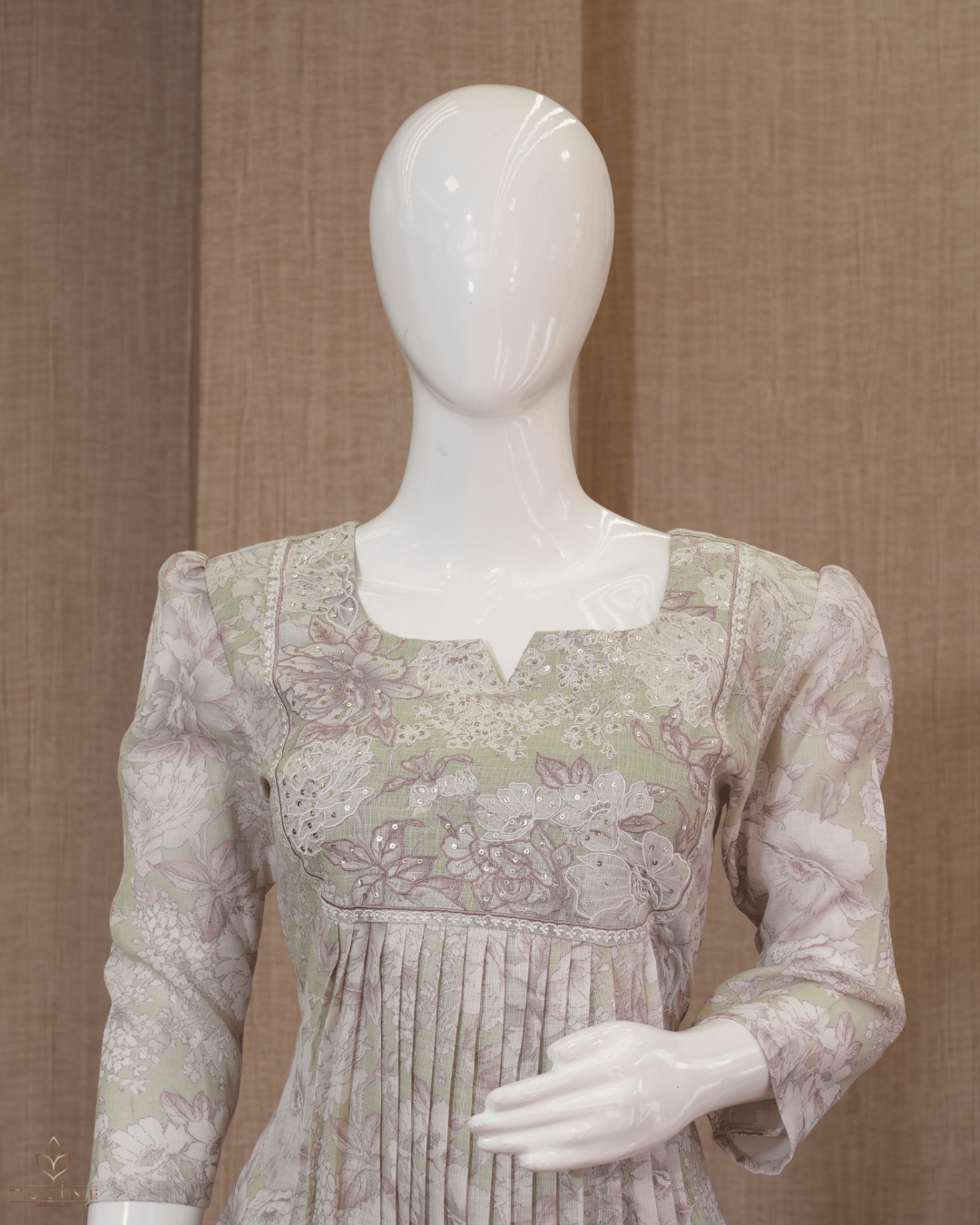 Granite Green Pleated Top in Linen with Light Pinkish Rose Floral Print - Product Code 10349