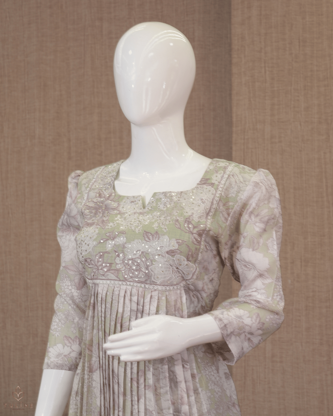 Granite Green Pleated Top in Linen with Light Pinkish Rose Floral Print - Product Code 10349