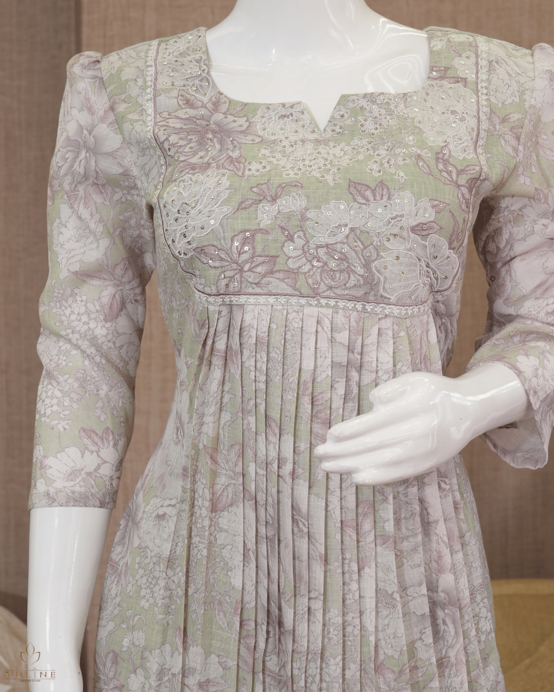 Granite Green Pleated Top in Linen with Light Pinkish Rose Floral Print - Product Code 10349