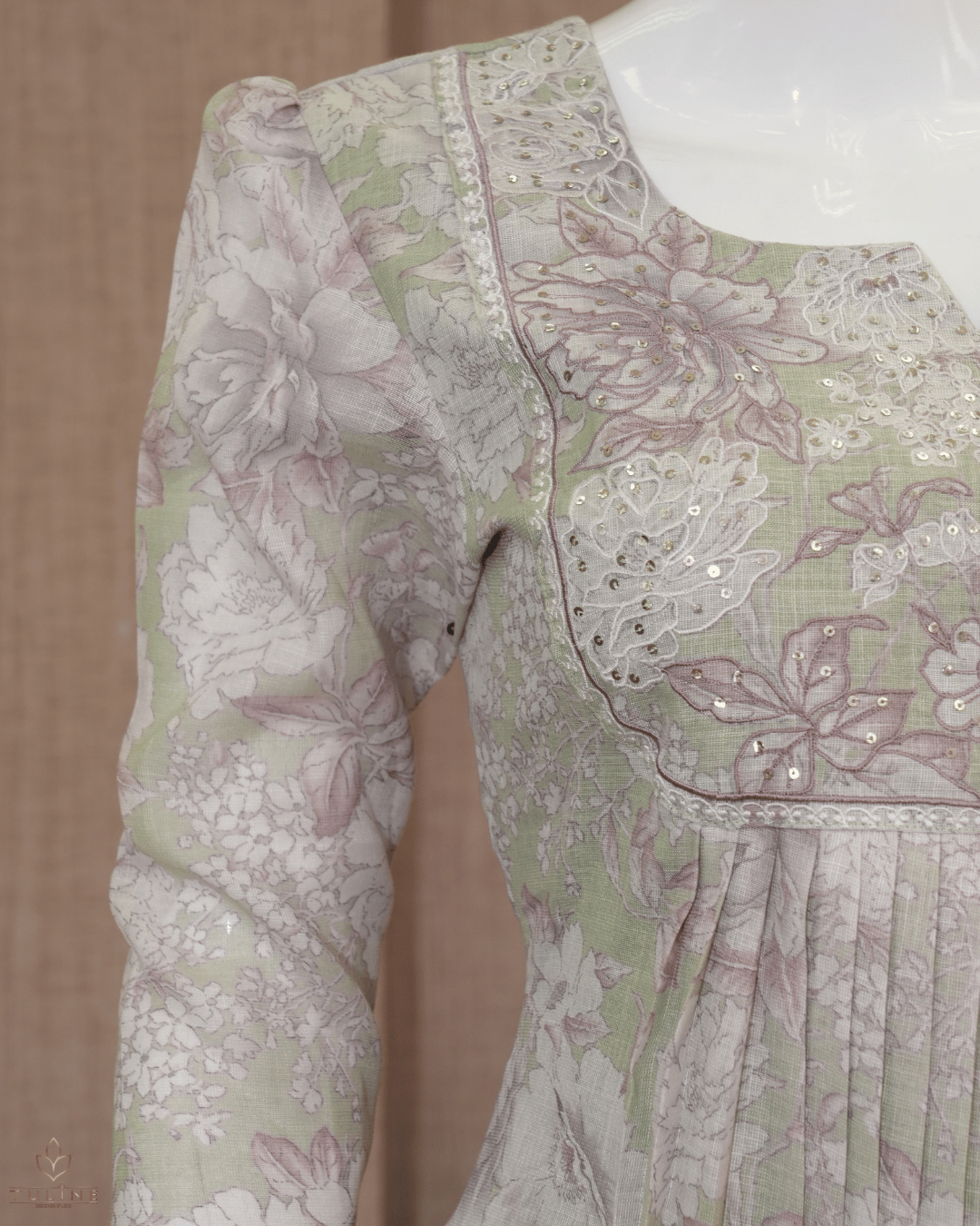 Granite Green Pleated Top in Linen with Light Pinkish Rose Floral Print - Product Code 10349