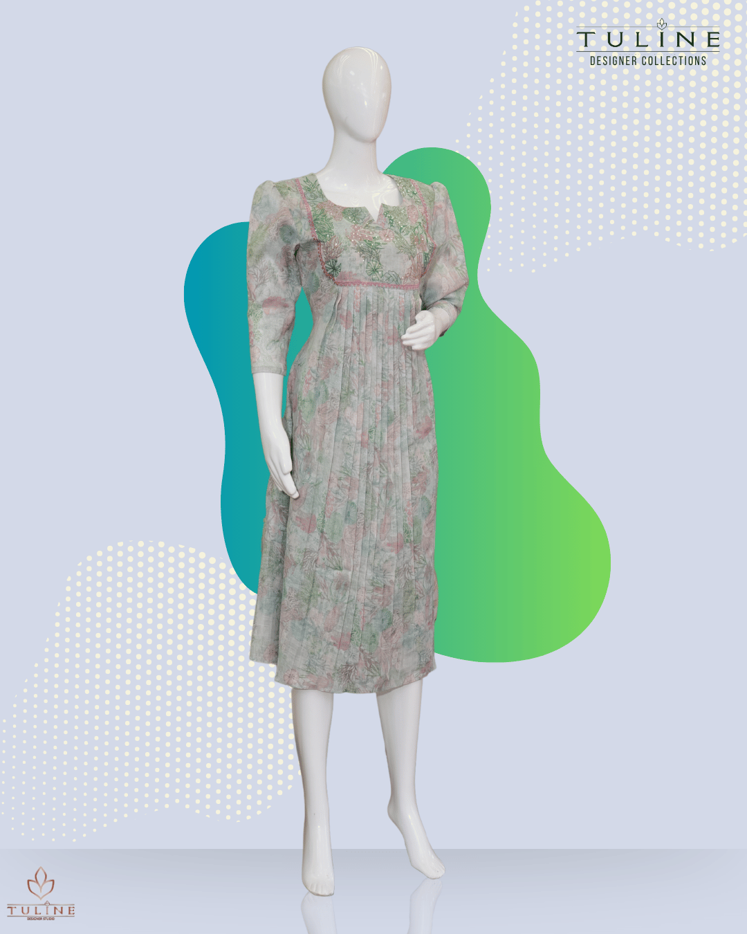 Pleated Top – Light Granite Green Linen with Mirror-Embroidered Yoke - Product Code 10351