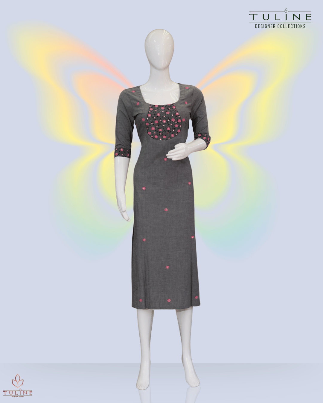 Slit Top – Dark Grey Cotton with Floral Sequin Yoke and Pink Flower Buttas - Product Code 10352