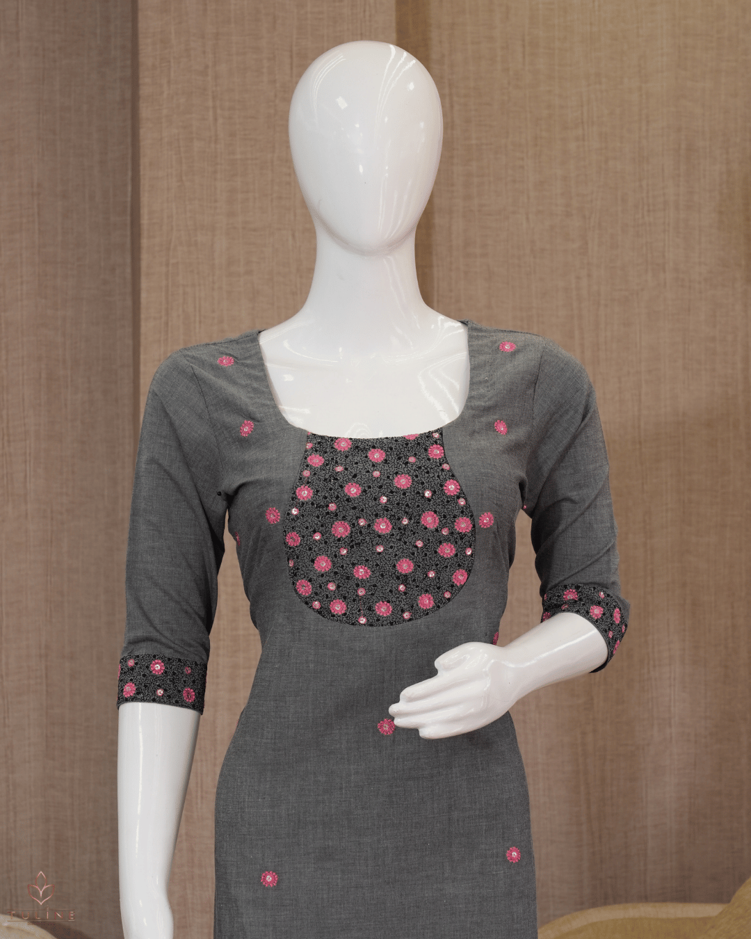 Slit Top – Dark Grey Cotton with Floral Sequin Yoke and Pink Flower Buttas - Product Code 10352