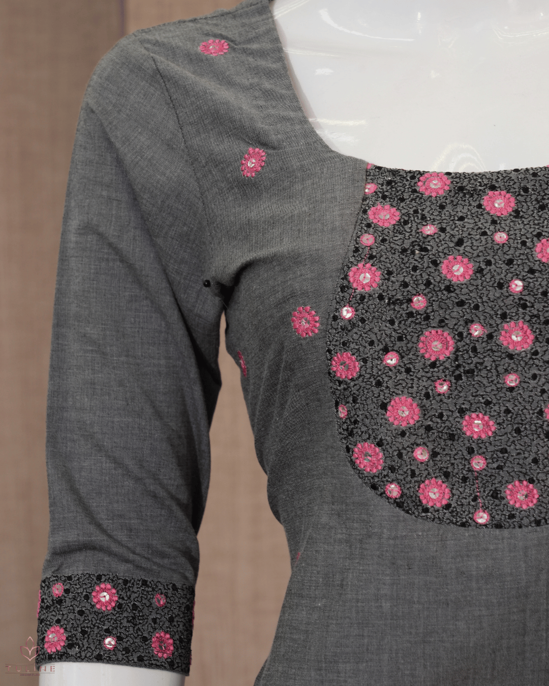 Slit Top – Dark Grey Cotton with Floral Sequin Yoke and Pink Flower Buttas - Product Code 10352