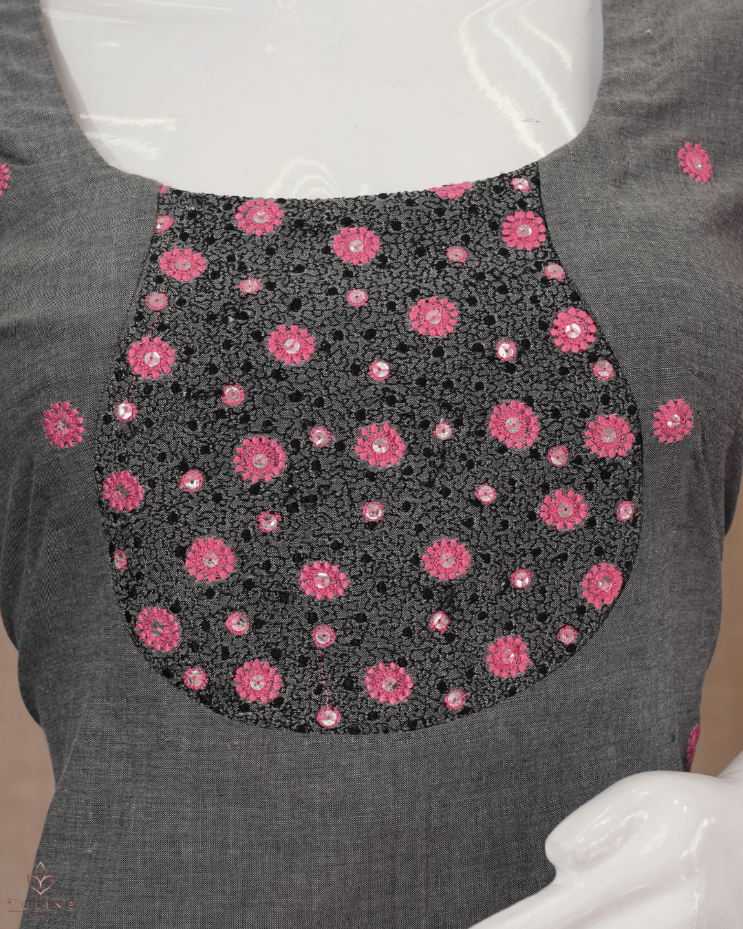 Slit Top – Dark Grey Cotton with Floral Sequin Yoke and Pink Flower Buttas - Product Code 10352
