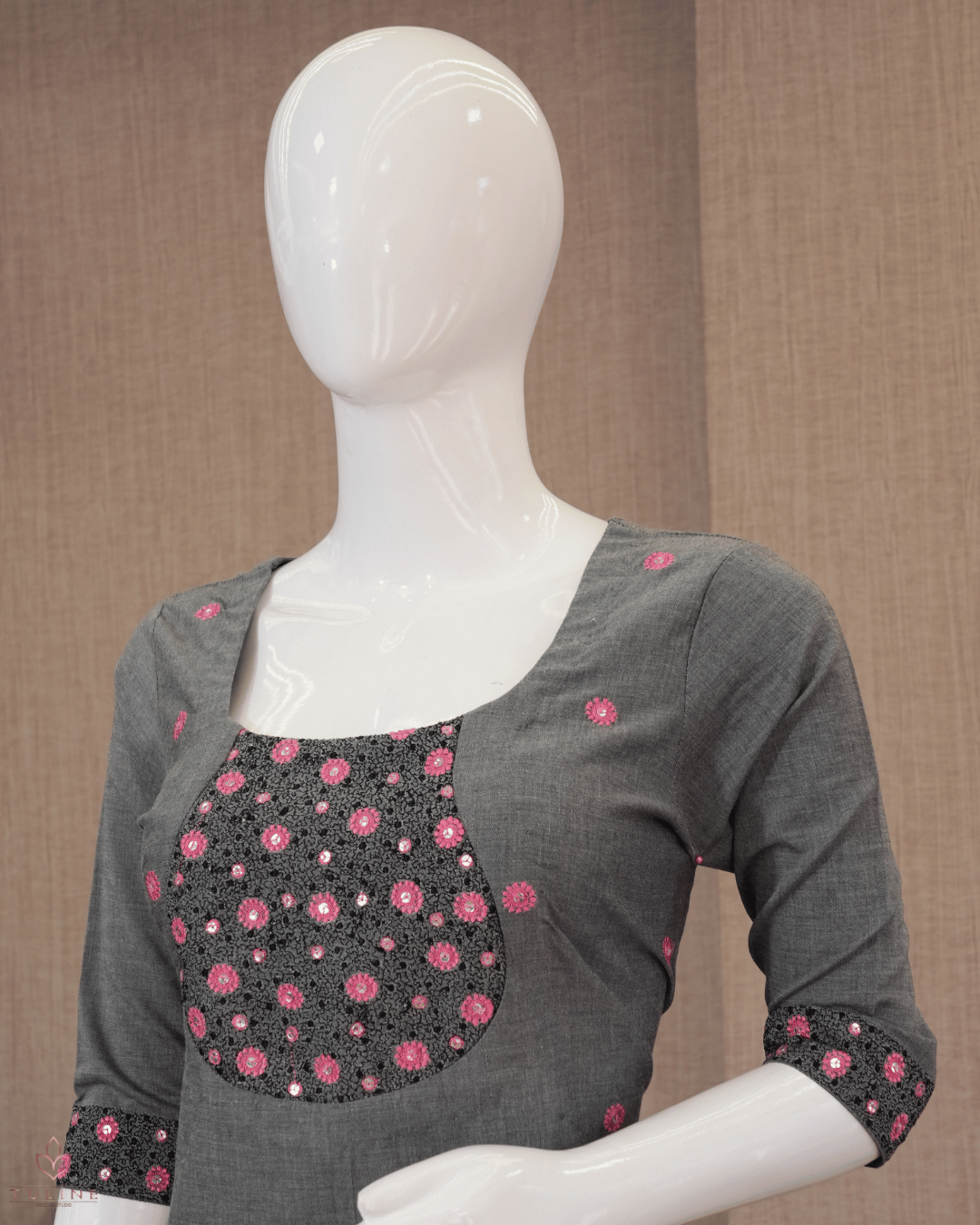 Slit Top – Dark Grey Cotton with Floral Sequin Yoke and Pink Flower Buttas - Product Code 10352