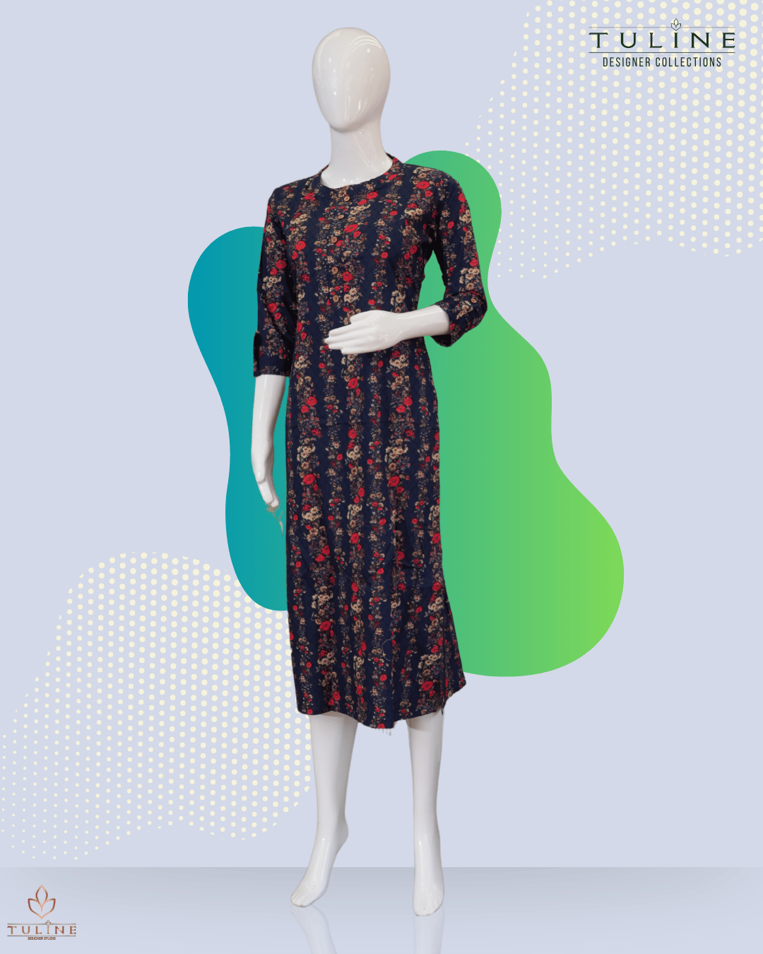 Slitted Cotton Top – Blue Base with Floral Prints, Collar Neck & Wooden Buttons - Product Code 10354