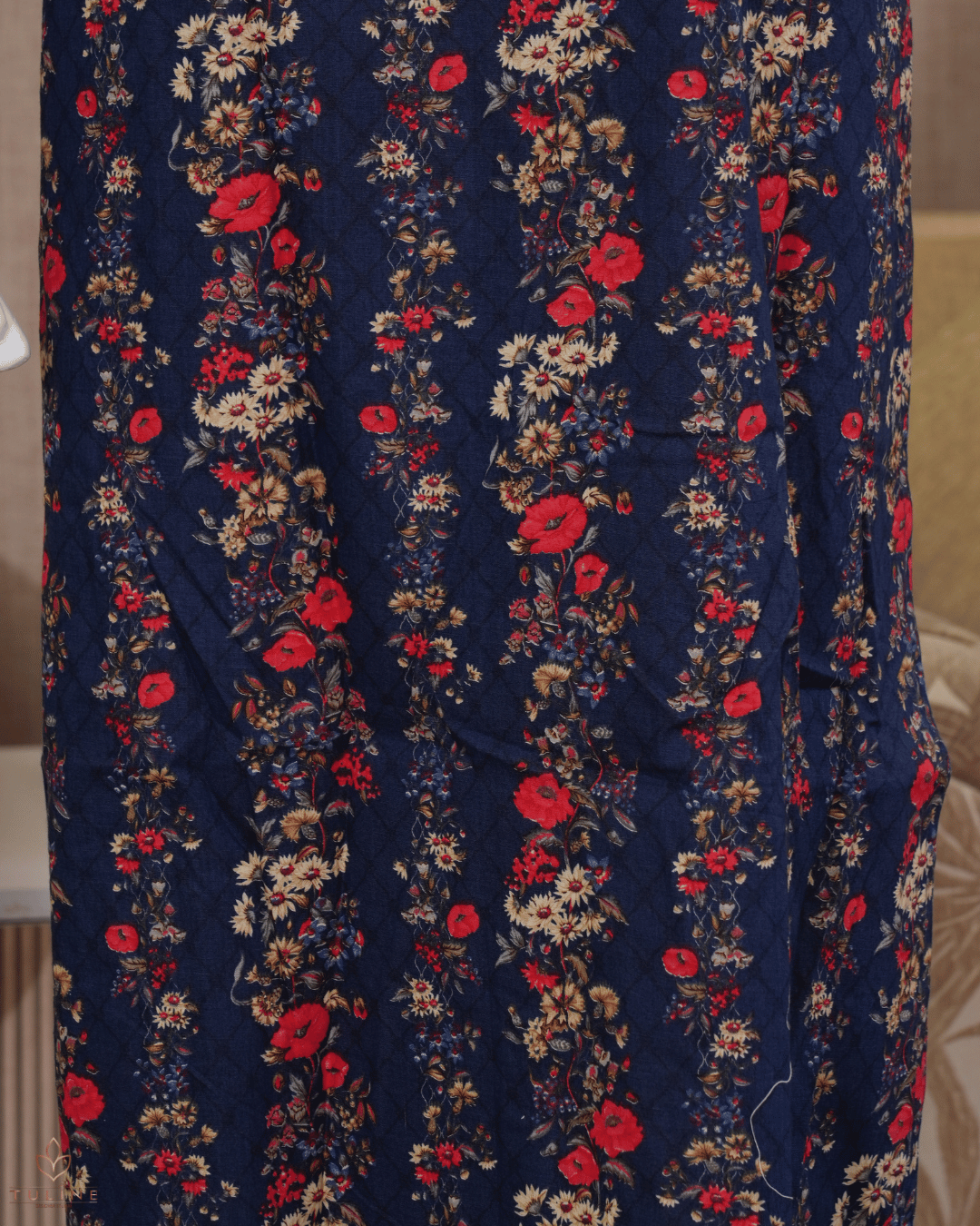 Slitted Cotton Top – Blue Base with Floral Prints, Collar Neck & Wooden Buttons - Product Code 10354