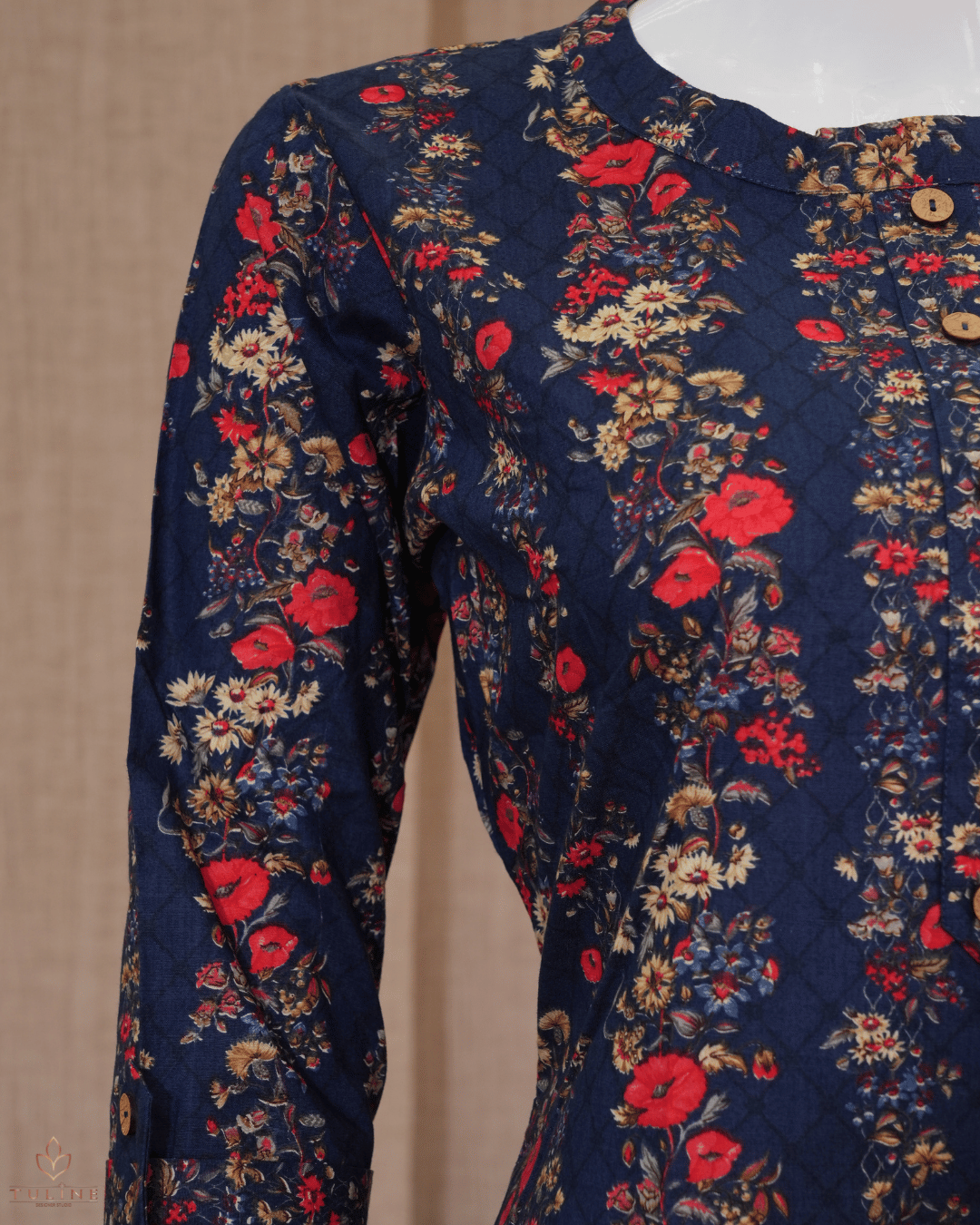 Slitted Cotton Top – Blue Base with Floral Prints, Collar Neck & Wooden Buttons - Product Code 10354