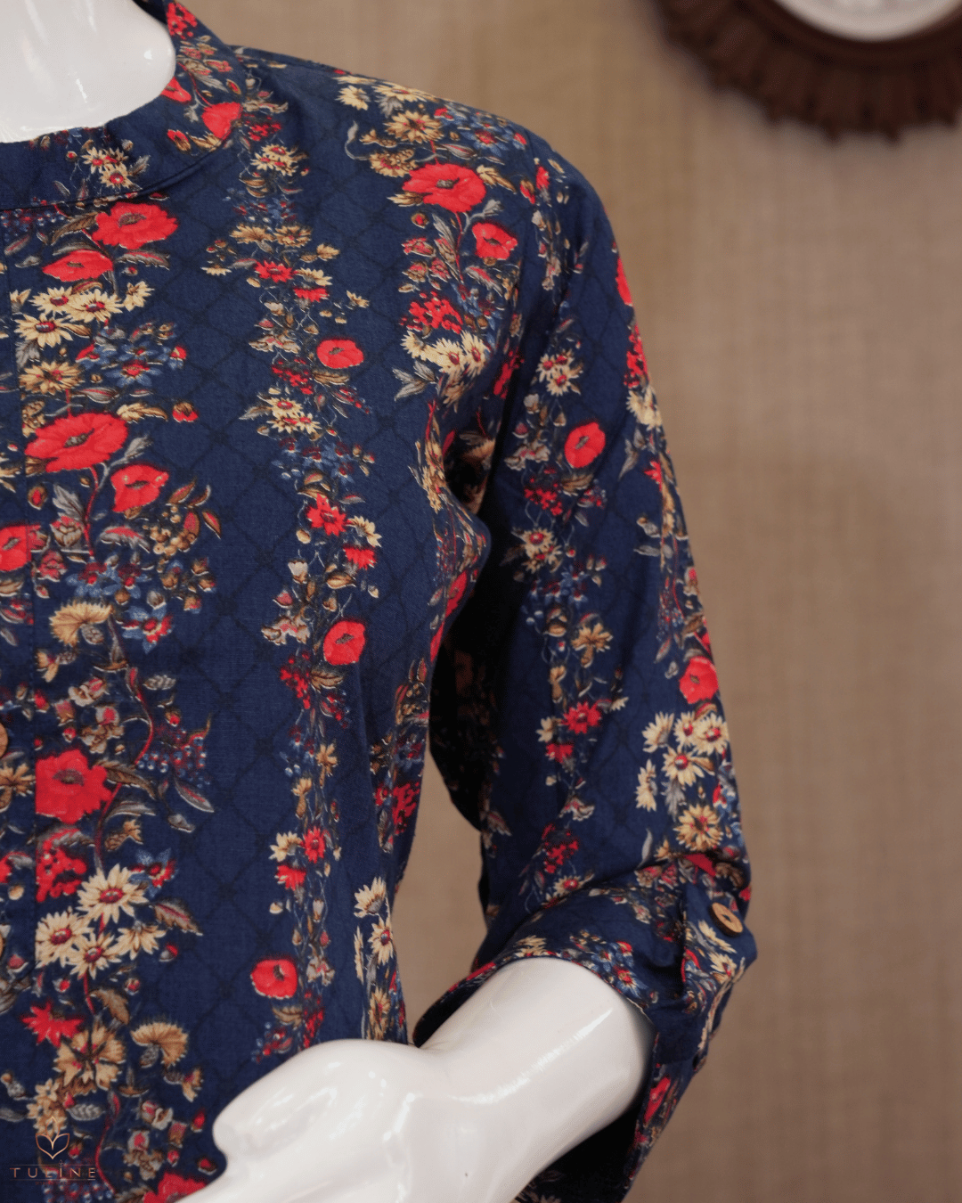 Slitted Cotton Top – Blue Base with Floral Prints, Collar Neck & Wooden Buttons - Product Code 10354