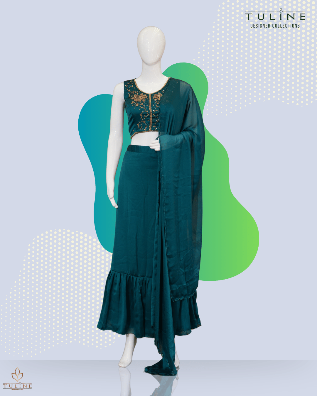 Skirt, Crop Top & Shrug Set – Deep Cyan Blue - Product Code 10356