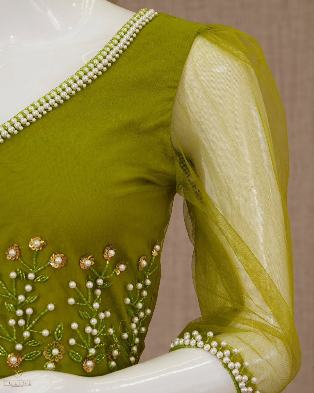 Umbrella Frock in Chiffon with Floral Handwork - Army Olive - Product Code 10332