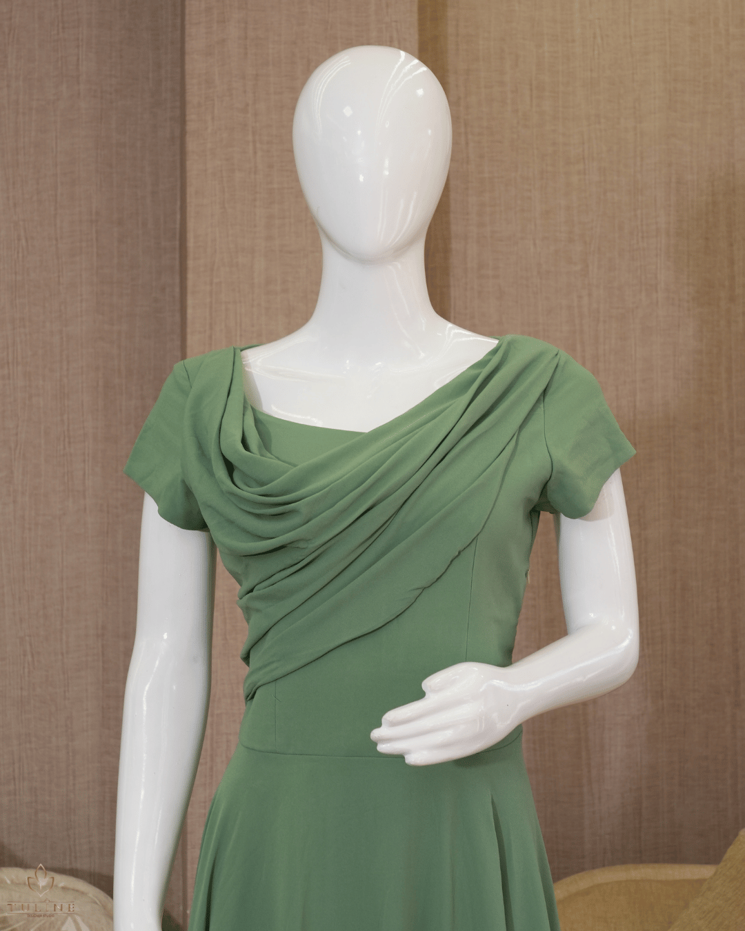 Chiffon Umbrella Gown with Yoke Draping – Granite Green - Product Code 10335