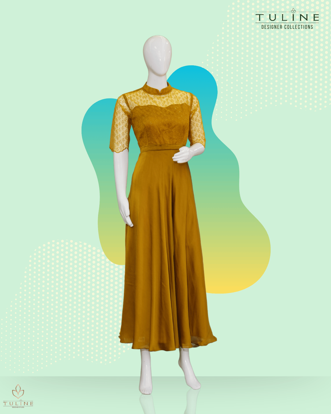 Deep Amber Umbrella Gown in Chiffon with Pleated Worked Yoke - Product Code 10336