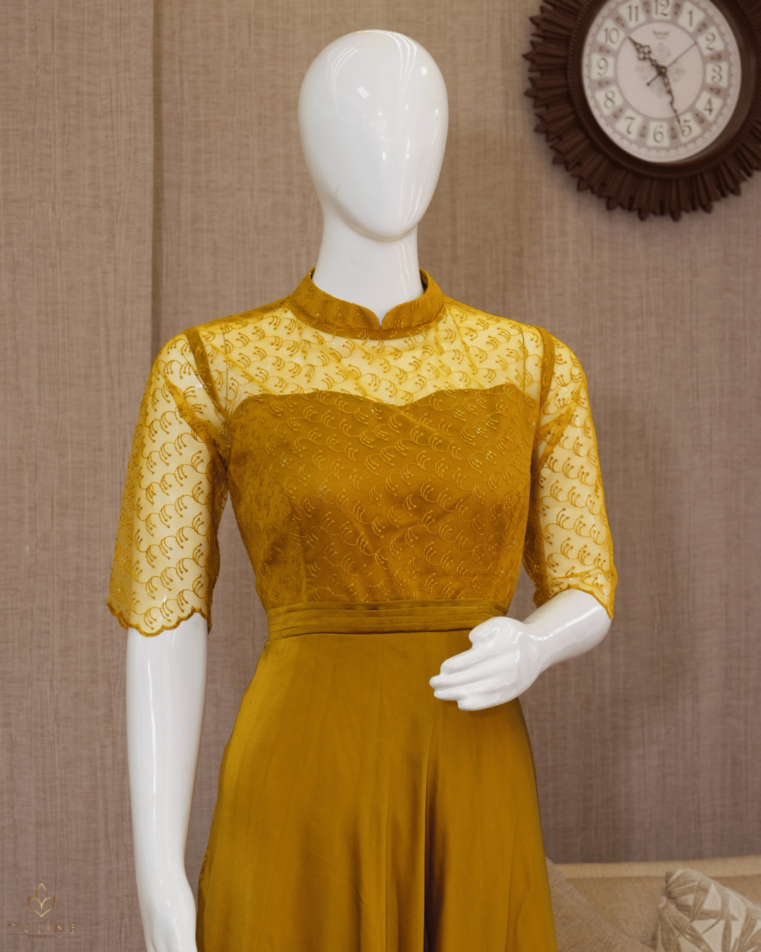 Deep Amber Umbrella Gown in Chiffon with Pleated Worked Yoke - Product Code 10336