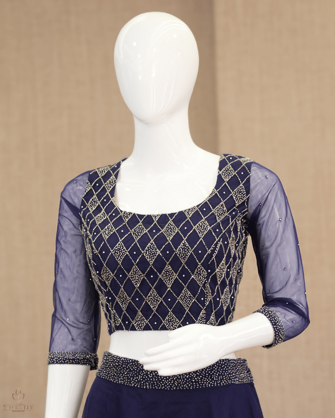 Sophisticated Navy Blue Net Crop Top Lehenga - Product Code 10298