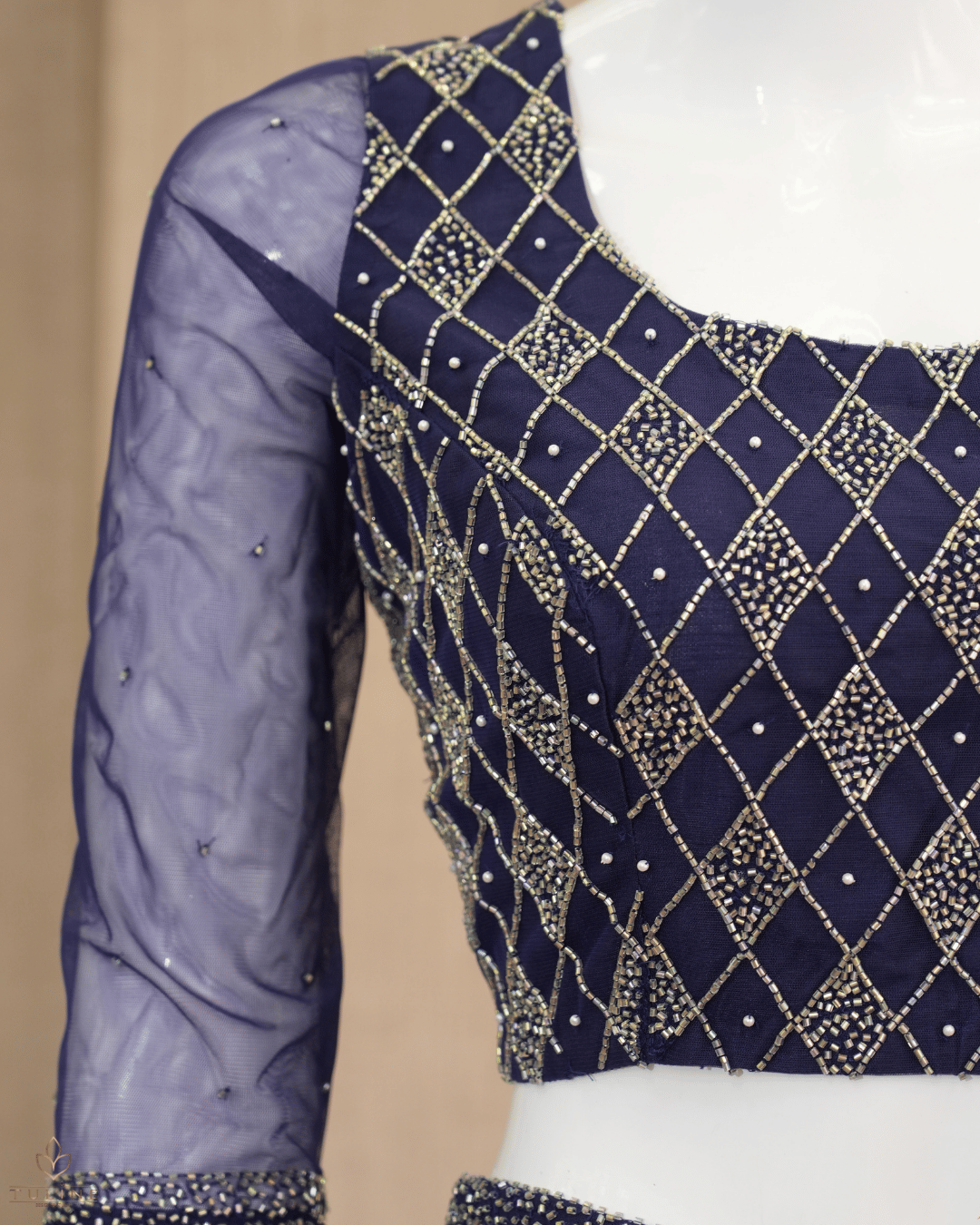 Sophisticated Navy Blue Net Crop Top Lehenga - Product Code 10298