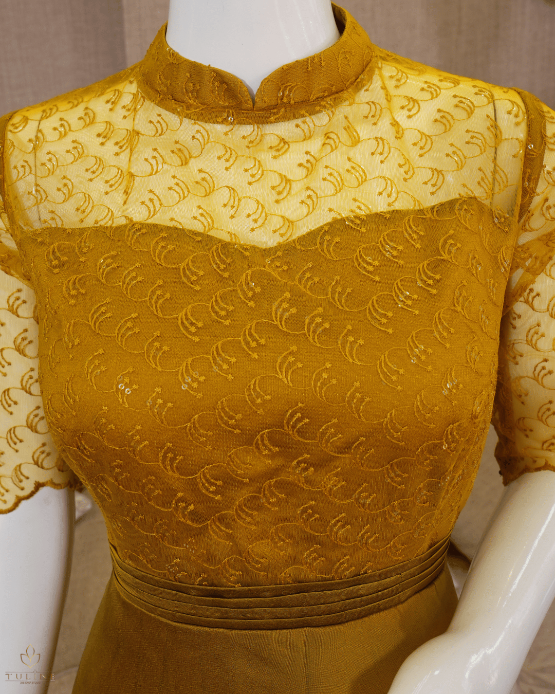 Deep Amber Umbrella Gown in Chiffon with Pleated Worked Yoke - Product Code 10336