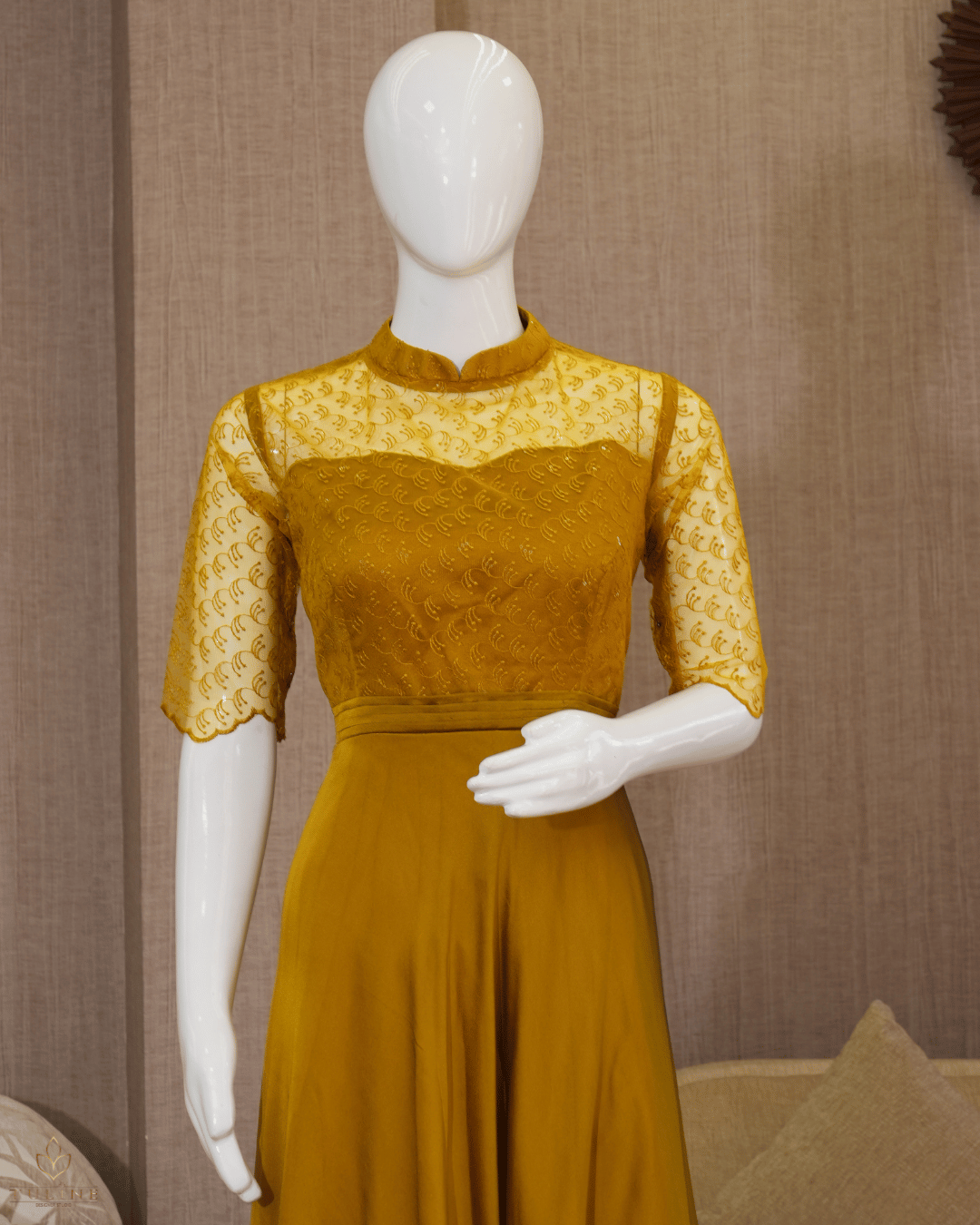 Deep Amber Umbrella Gown in Chiffon with Pleated Worked Yoke - Product Code 10336