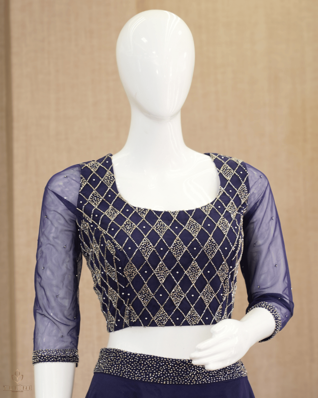 Sophisticated Navy Blue Net Crop Top Lehenga - Product Code 10298