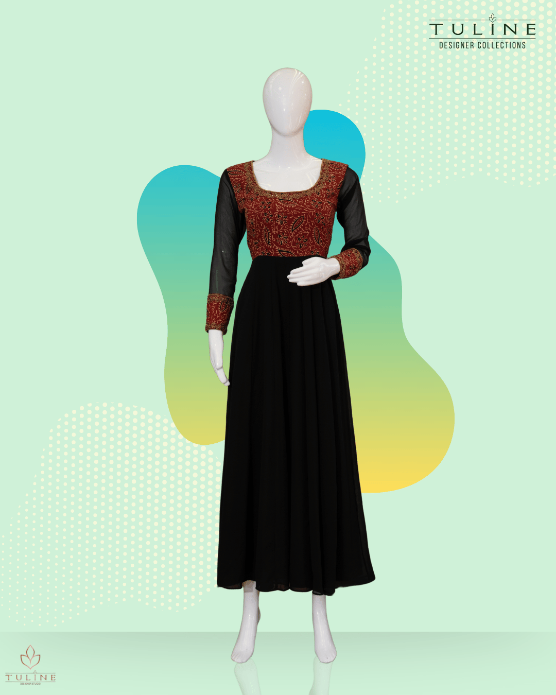 Panel Cut Top in Chiffon with Ajrak Print Yoke & Sleeves – Black & Brown Hue - Product Code 10337