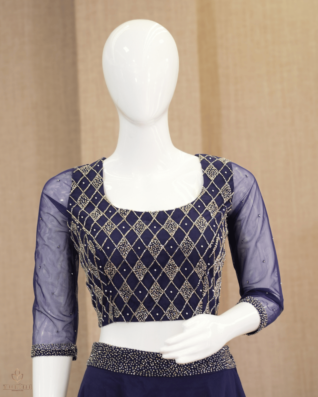 Sophisticated Navy Blue Net Crop Top Lehenga - Product Code 10298
