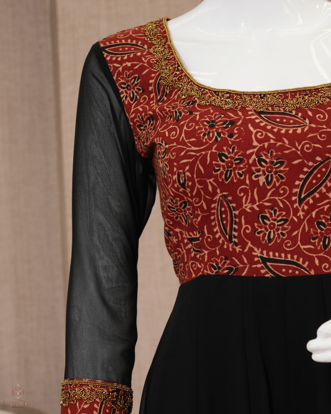 Panel Cut Top in Chiffon with Ajrak Print Yoke & Sleeves – Black & Brown Hue - Product Code 10337
