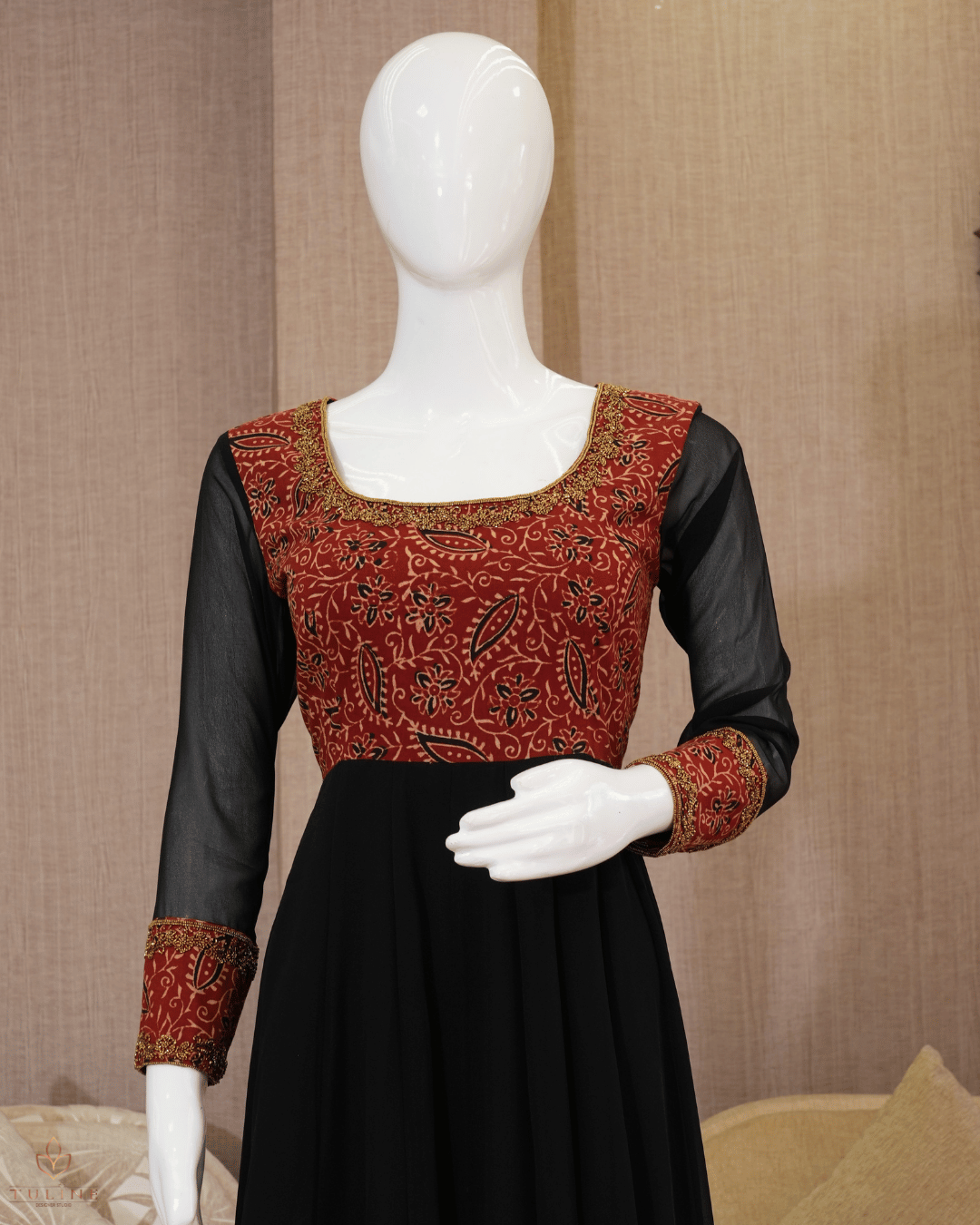 Panel Cut Top in Chiffon with Ajrak Print Yoke & Sleeves – Black & Brown Hue - Product Code 10337
