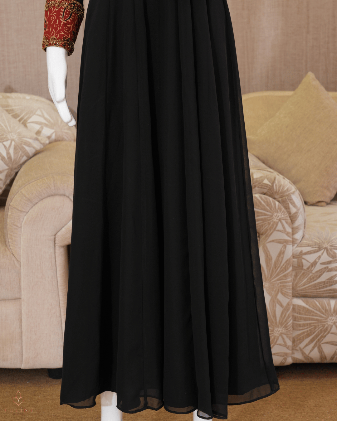 Panel Cut Top in Chiffon with Ajrak Print Yoke & Sleeves – Black & Brown Hue - Product Code 10337