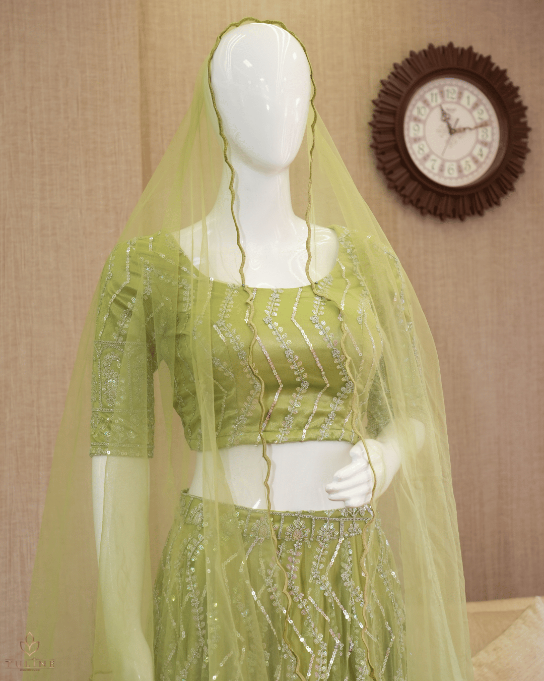 Olive Green Net Skirt & Padded Crop Top Set with Sequin Zig-Zag Work - Product Code 10300