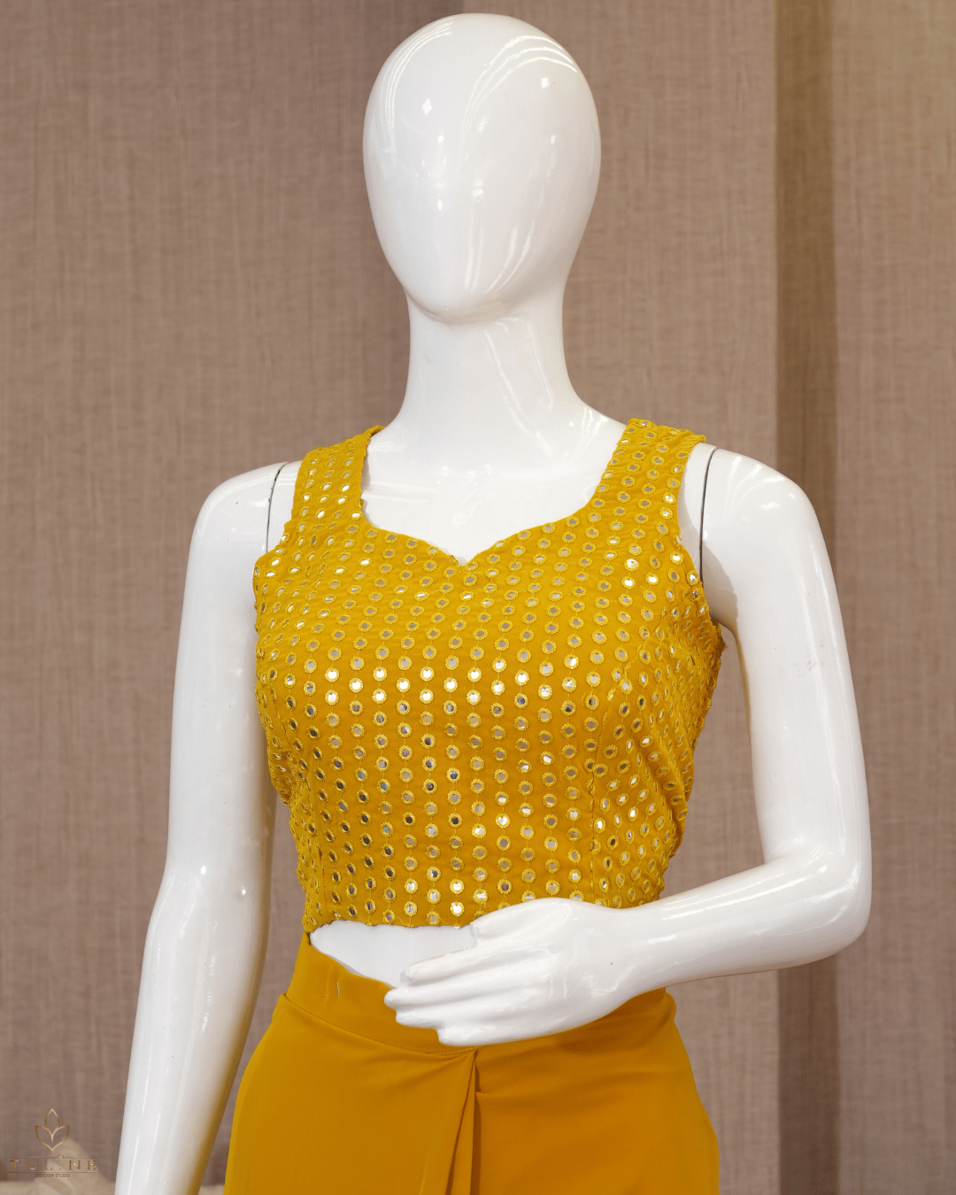 Chiffon Crop Top & Dhoti Skirt Set - Amber Yellow 10339