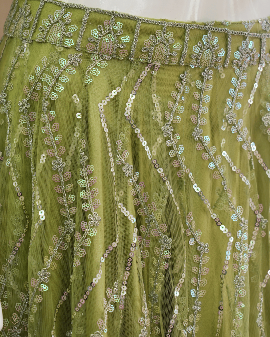 Olive Green Net Skirt & Padded Crop Top Set with Sequin Zig-Zag Work - Product Code 10300