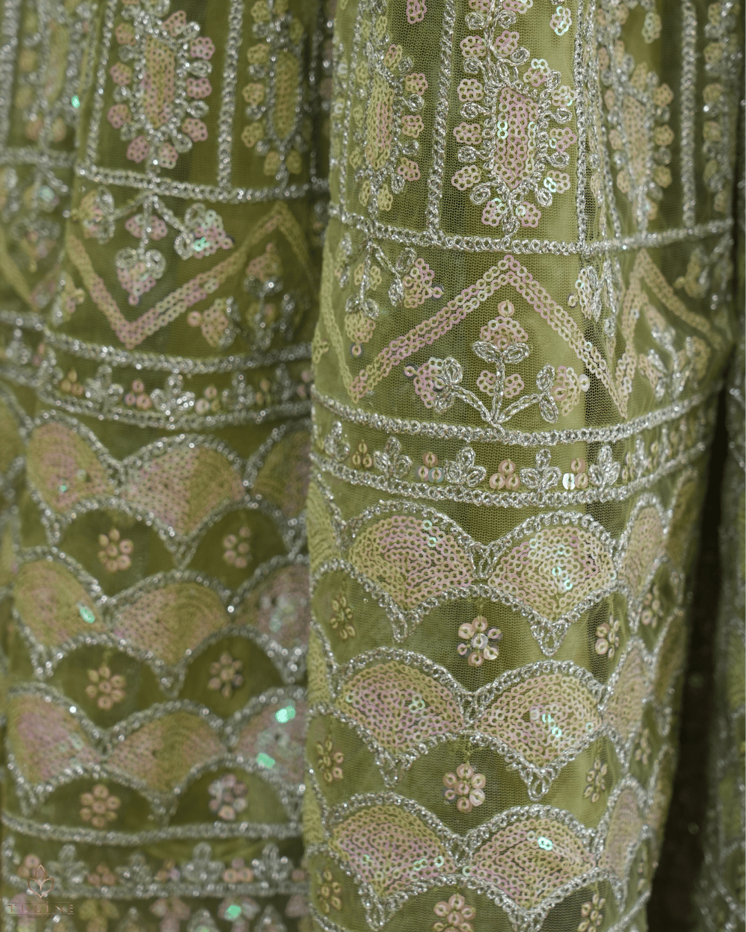Olive Green Net Skirt & Padded Crop Top Set with Sequin Zig-Zag Work - Product Code 10300