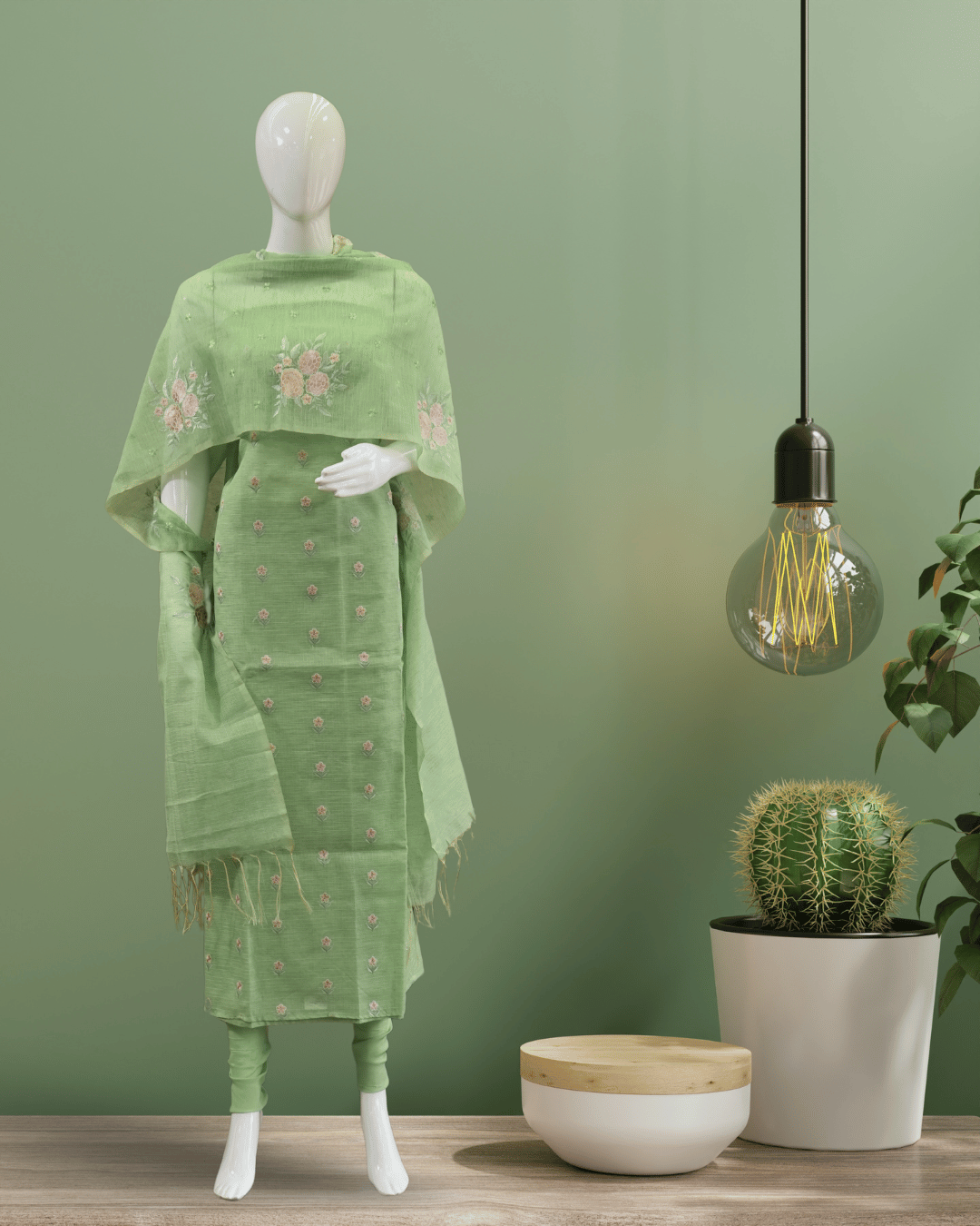 Net Cotton Churidar Material - Sage Green - Product Code 10021