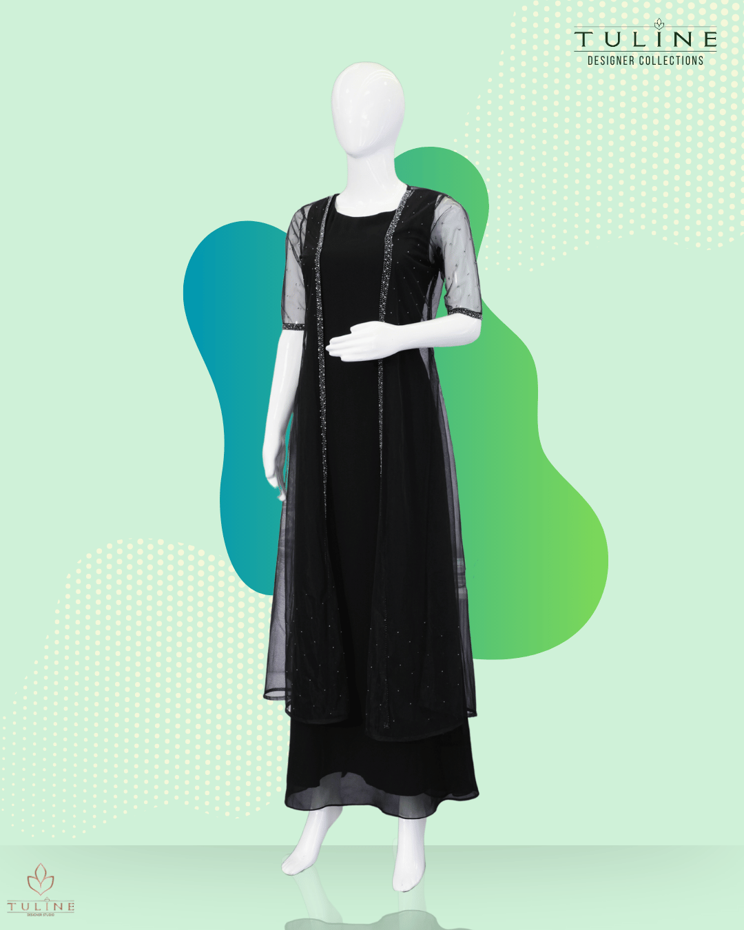 Elegant Black A-Line Gown with Hand-Worked Shrug - Product Code 10341
