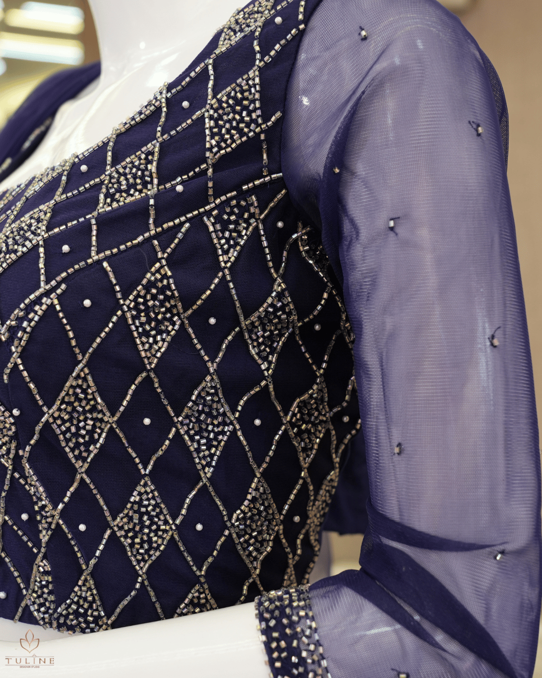 Sophisticated Navy Blue Net Crop Top Lehenga - Product Code 10298