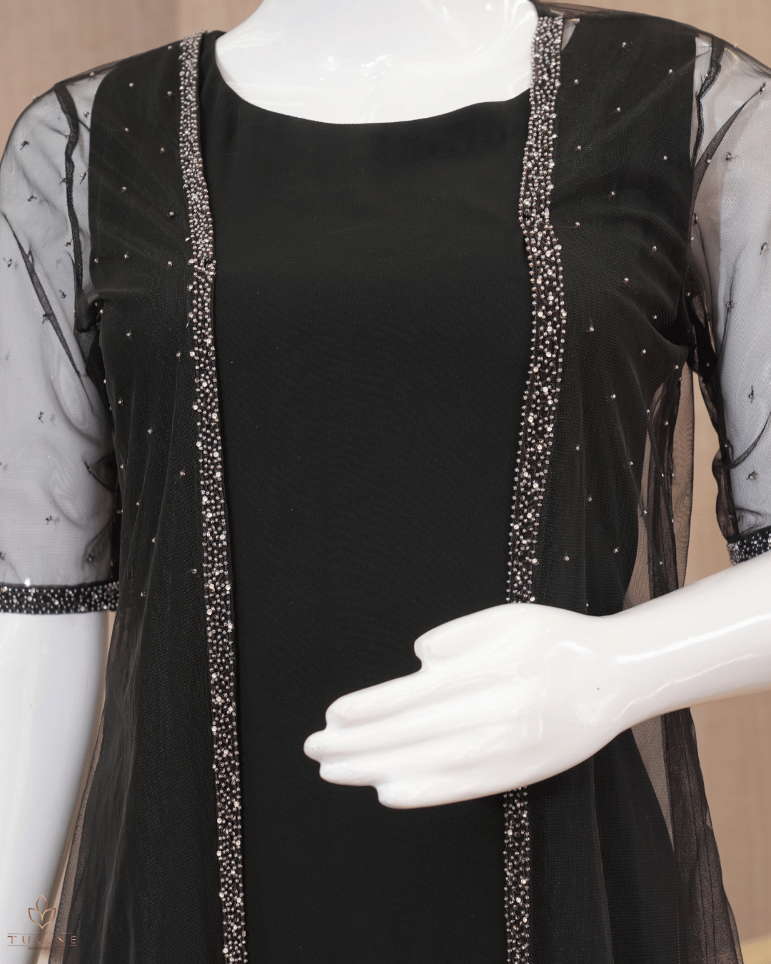 Elegant Black A-Line Gown with Hand-Worked Shrug - Product Code 10341