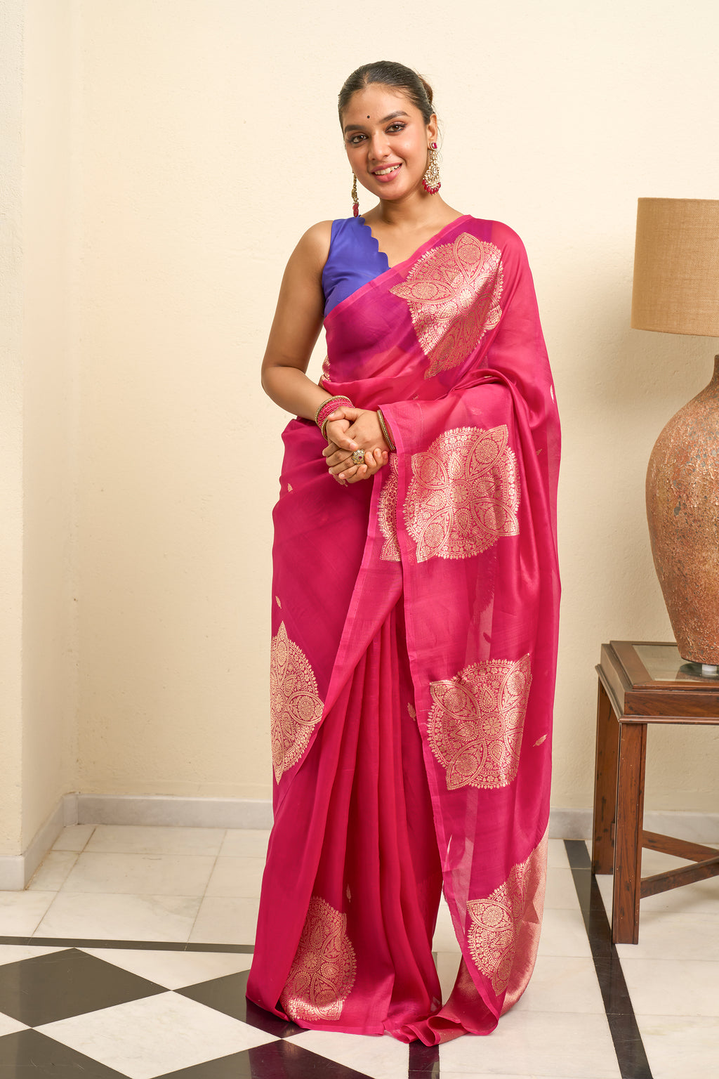 Raspberry Pink Organza Silk Saree